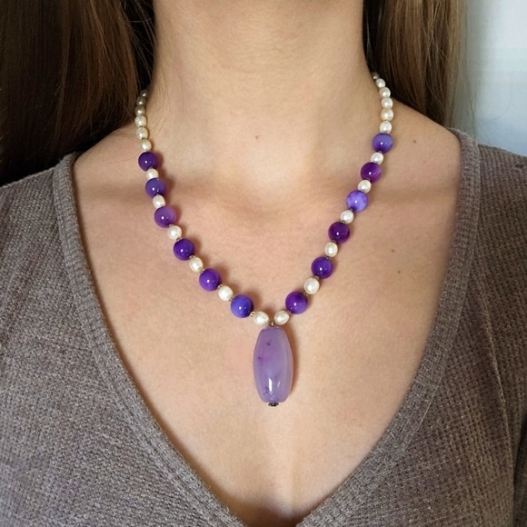 Freshwater pearl necklace with purple stones toggle clasp mermaidcore - Picture 1 of 5